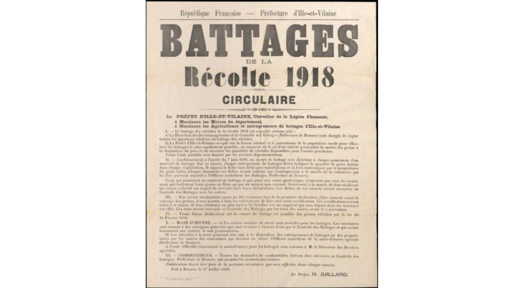 Circulaire battages Récolte 1918
